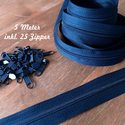 5m Endlosreißverschluss + 25 Zipper Dunkelblau