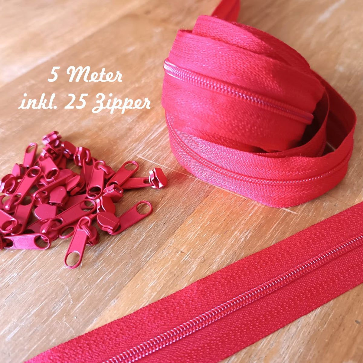 5m Endlosreißverschluss + 25 Zipper Rot