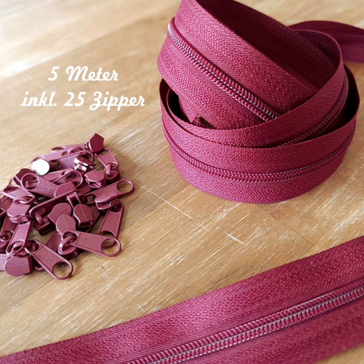 5m Endlosreißverschluss + 25 Zipper Weinrot
