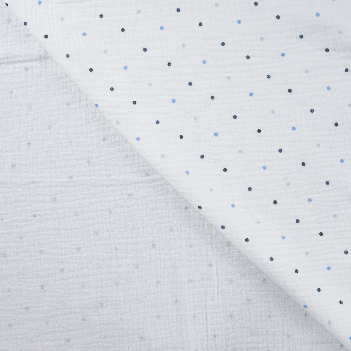 Detailaufnahme von Musselin mit kleinen Punkten in Denimblau, Hellblau und Mint