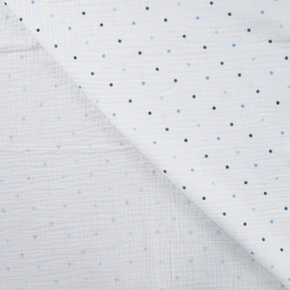 Detailaufnahme von Musselin mit kleinen Punkten in Denimblau, Hellblau und Mint